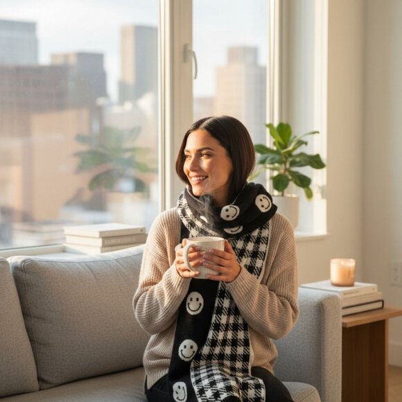 Don’t Smile At Me Reversible Black White Smiley Face Checkered Scarf Soft Cozy - Picture 2 of 4